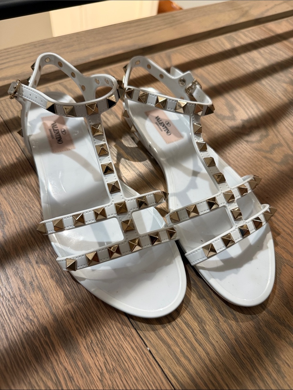Valentino White Leather Rockstud Strappy Sandals with Gold Studs